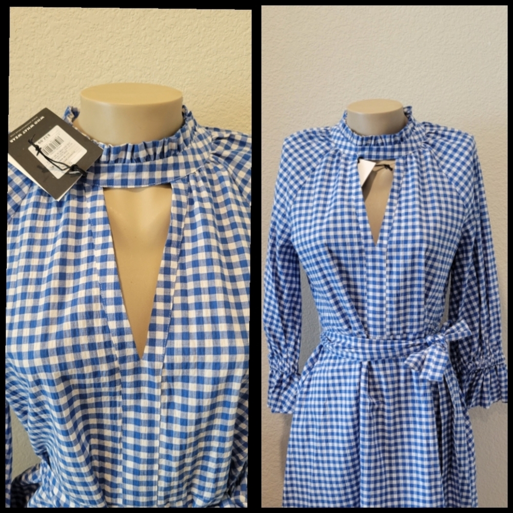 Blue Gingham Ruffle Sleeve Midi Dress M - Picture 3 of 9